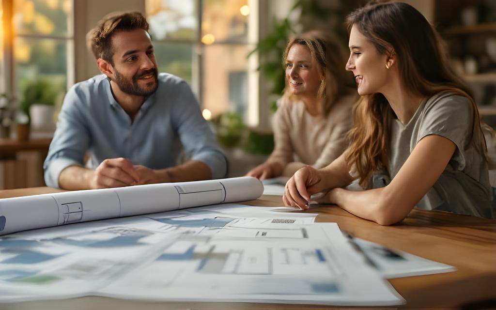 Famiglia italiana che discute di bonus ristrutturazioni e risparmio energetico con planimetrie e preventivi