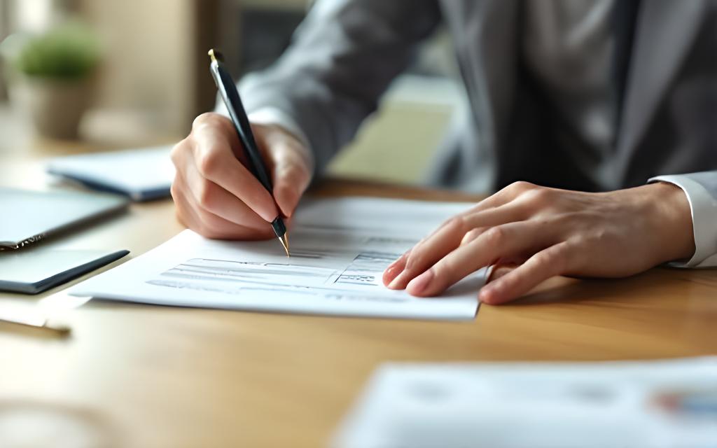 Professionista fiscale che corregge una dichiarazione sbagliata con fascicolo aperto e penna su scrivania ordinata