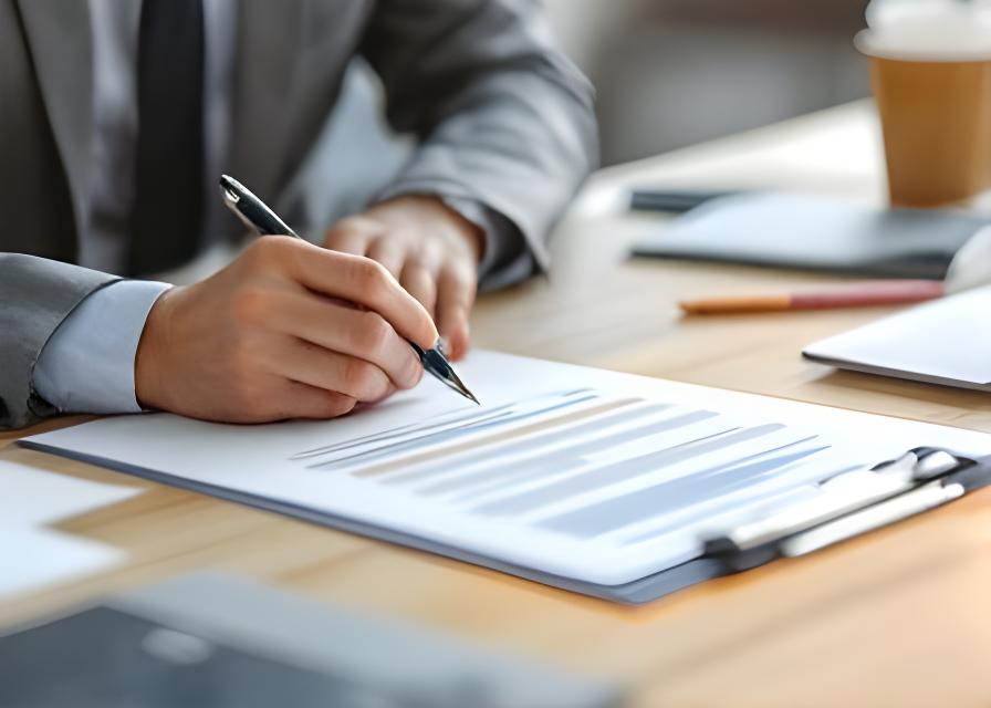 Consulente fiscale che esamina una dichiarazione dei redditi su una scrivania ordinata con luce naturale