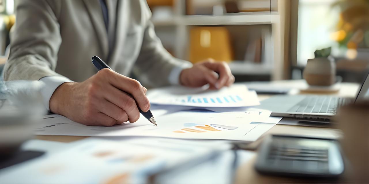 Professionista fiscale romano che analizza documenti e grafici in un ufficio luminoso con laptop e calcolatrice